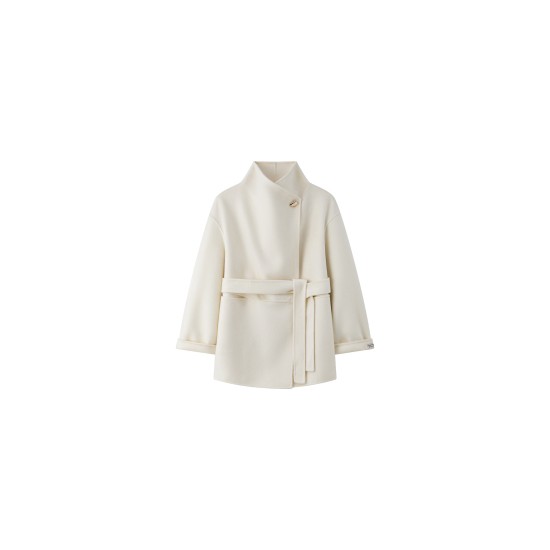 Petite-Friendly Mid-Length Wool Blend Coat — Single-Button, Belted, Double-Faced Cashmere-Blend Overcoat with Lapel Collar
